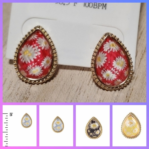 DAISIES! Red blue yellow and black Earrings posts Gold tone pierced - Picture 2 of 9